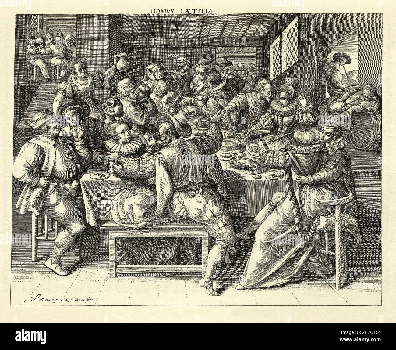 Vintage-Illustration einer Gruppe von Menschen, die ein Festmahl, eine Mahlzeit, eine Dinner-Party, ein Erbrechen durch übermäßiges Essen, Nicolaes de Bruyn, Flämisch Niederländisch 17th Jahrhundert ar Stockfoto
