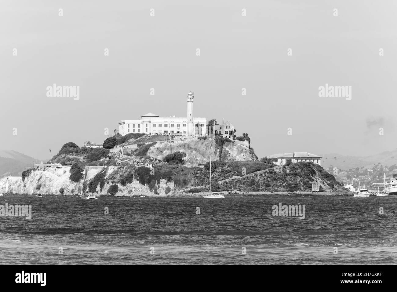 Schwarzweiß, monochromes Bild der Gefängnisinsel Alcatraz, San Francisco Bay, Kalifornien, USA. Stockfoto