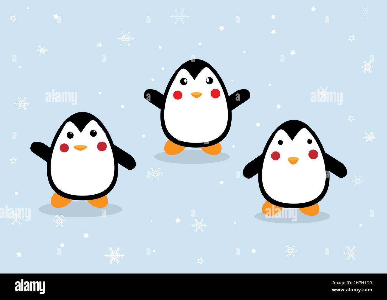 Niedliche Pinguin-Gang, um den Winterurlaub auf blauem Hintergrund zu begrüßen, perfekt für Tapete, Hintergrund, Postkarte und Hintergrund Stockfoto