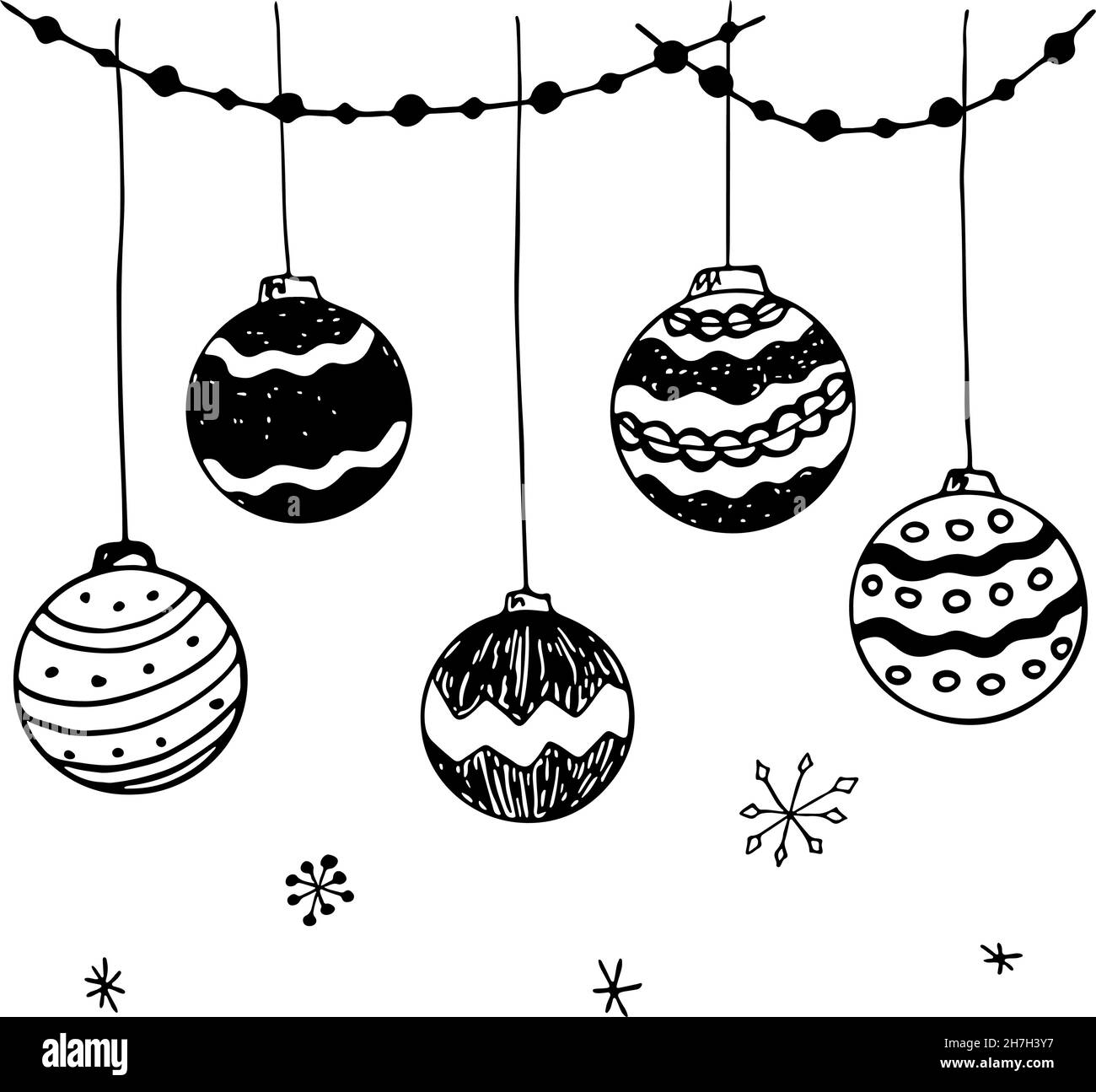 Set von Vektor-Doodle Schwarz und weiß Weihnachten handgezeichnete Kugeln. Stock Vektor