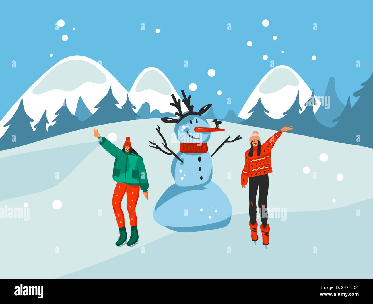 Hand gezeichnet Vektor abstrakt Stock Grafik Frohe Weihnachten und Happy New Year Cartoon, Illustration Szene mit glücklichen Menschen, Schneemann und Weihnachtsbaum Stock Vektor