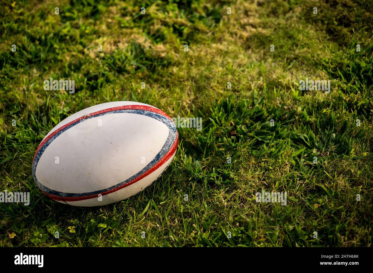 Rugby Ball, Gilbert, auf Sportplatz mit grünem Gras für das Spiel Rugby. Konzentrieren Sie sich auf den Ball, die Sportbasis im Hintergrund. Stockfoto