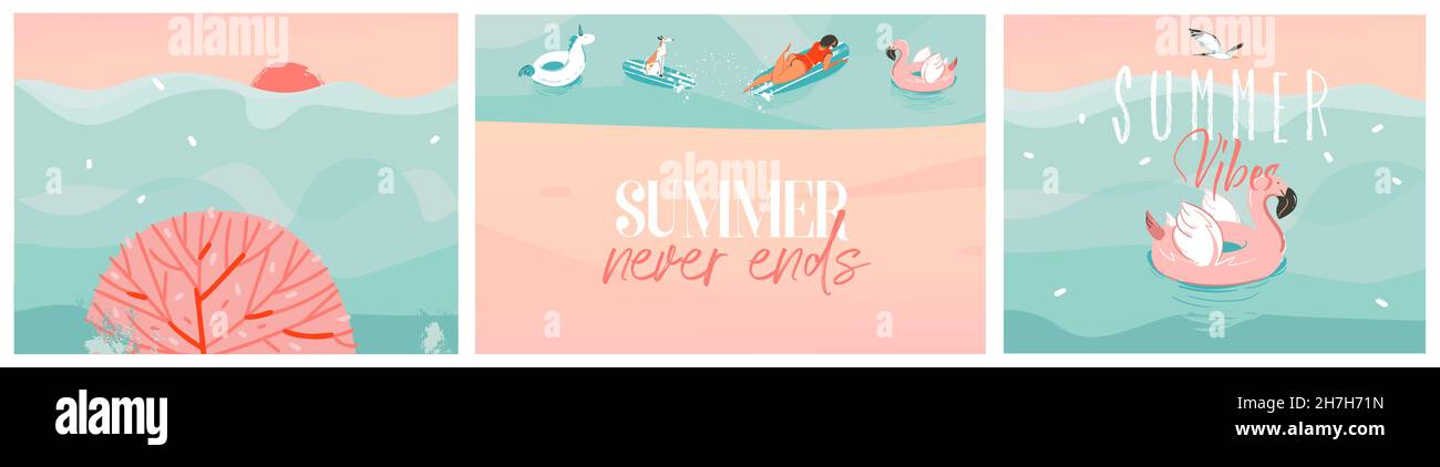 WebHand gezeichnet Vektor abstrakt Stock Grafik Sommer Cartoon, minimalistische zeitgenössische Illustrationen Drucke Sammlung Set mit Strand aufblasbaren Einhorn Stock Vektor