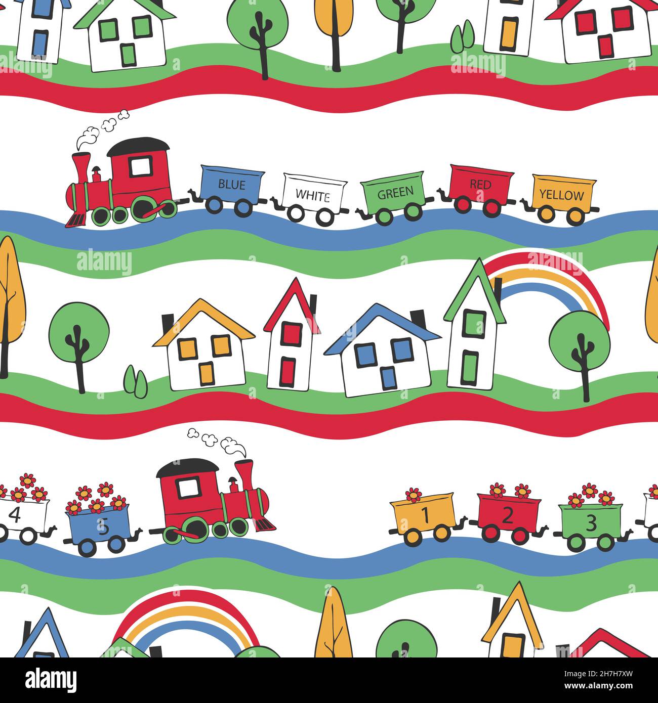 Nahtlose Vektor-Muster mit Cartoon Zug auf weißem Hintergrund. Spielen Spielzeug Kinder Tapete Design. Dekorative Spielzimmer Mode Textil. Stock Vektor