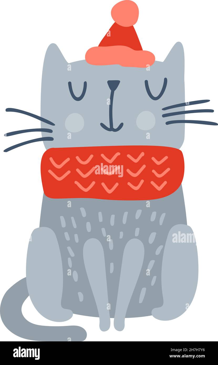 Niedliche graue Vektor santa Katze mit rotem Weihnachtshut und Schal auf dem Kopf. Winterurlaub isoliert Baby-Design. Flaches skandinavisches Tier Stock Vektor