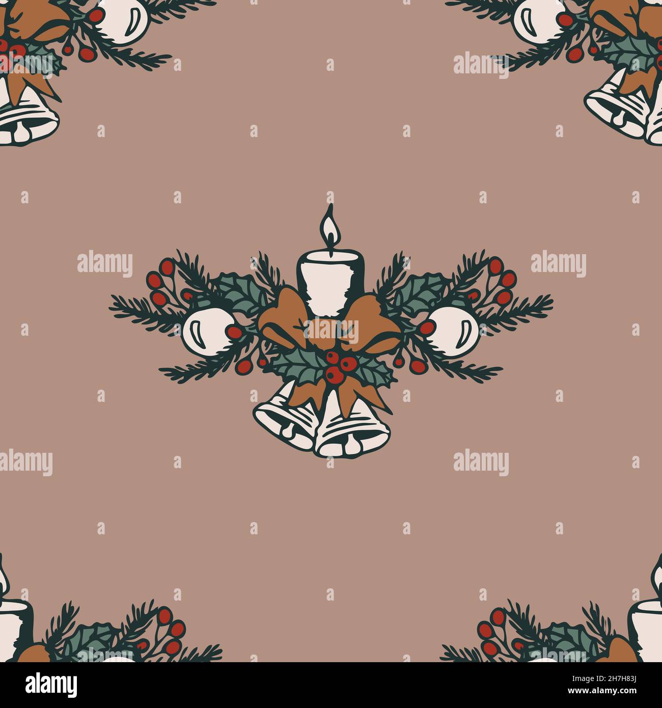 Nahtloses Vektor-Muster mit Weihnachtskerze auf beigem Hintergrund. Einfache vintage Winter Tapete Design. Dekorative Mode-Textilien der Saison. Stock Vektor