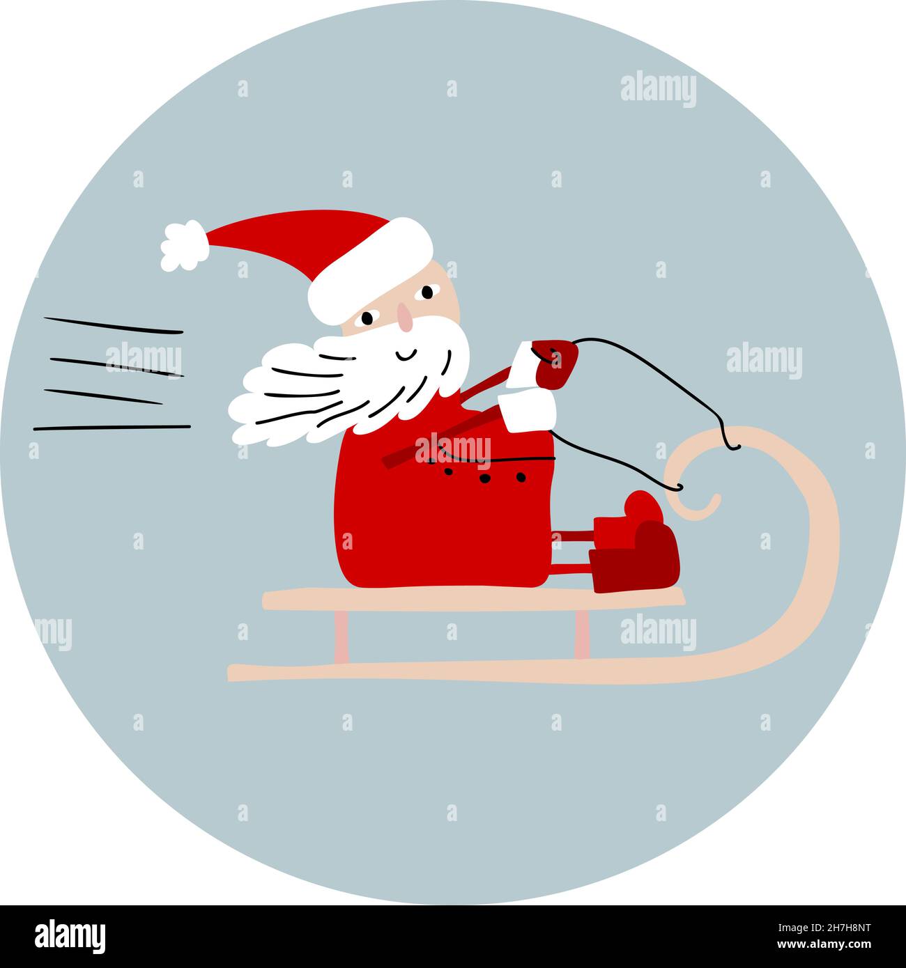 Niedlicher Vektor Santa Claus Reiten in seinem Christmas Sleigh oder Schlitten. Handgezeichnete Doodle skandinavische Baby-Illustration auf blauem runden Hintergrund Stock Vektor