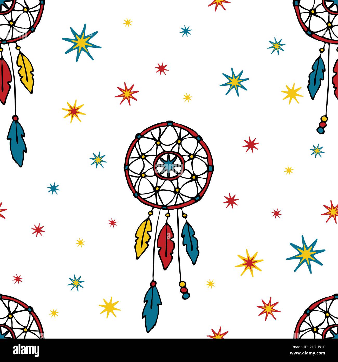 Nahtloses Vektor-Muster mit Traumfänger auf weißem Hintergrund. Dekoratives Tapetendesign für Kinder. Zigeunermode Textil. Stock Vektor
