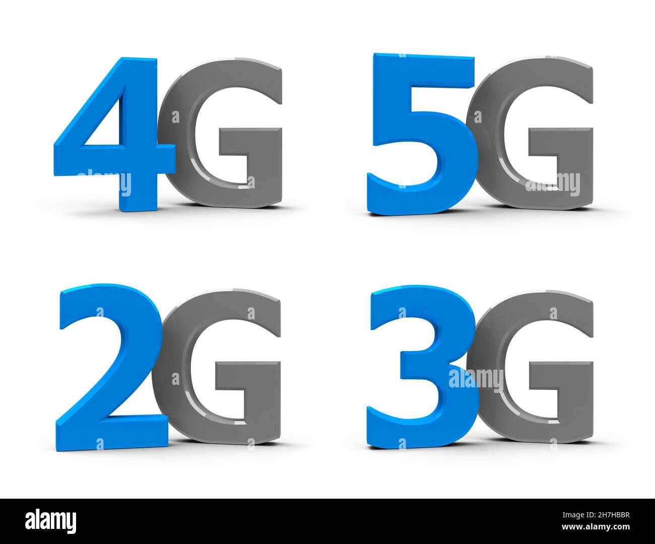 Blau und grau 5G, 4G, 3G, 2g Symbole, Symbole oder Tasten isoliert auf weißem Hintergrund, dreidimensionales Rendering, 3D Illustration Stockfoto