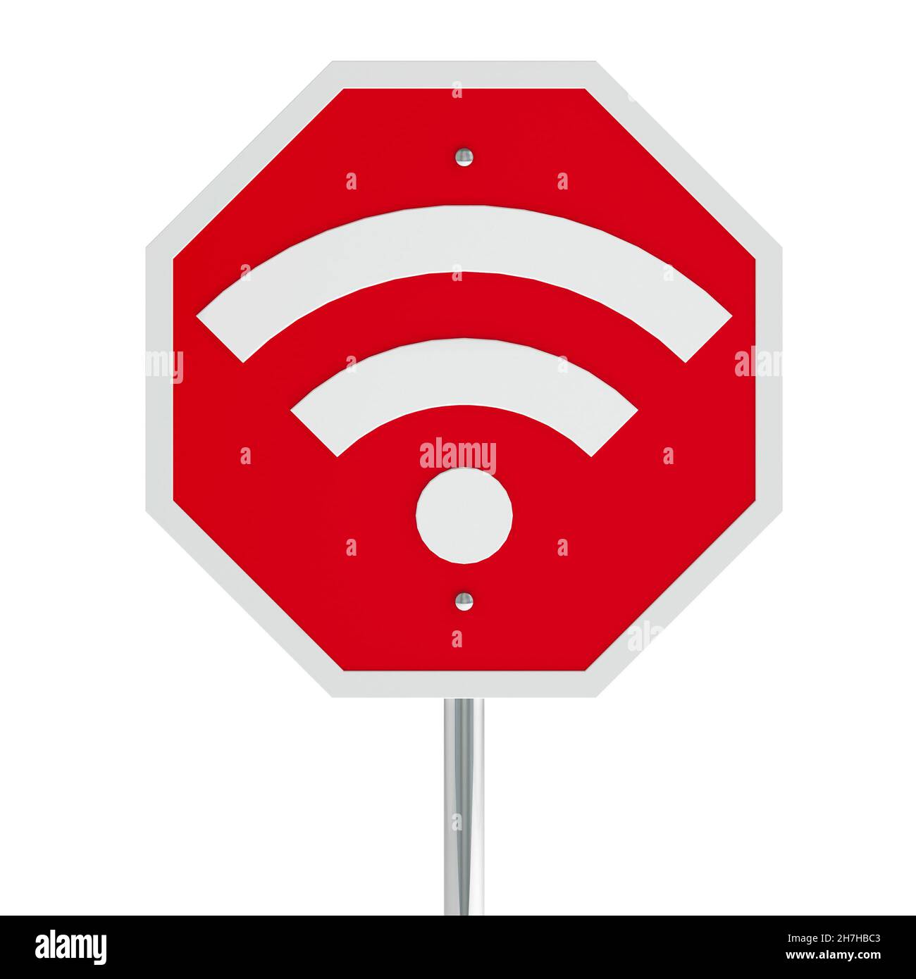 Stoppschild mit WiFi-Schild auf einem weißen Tisch steht für kein Netzwerksignal und keine Abdeckung, dreidimensionales Rendering, Abbildung 3D Stockfoto