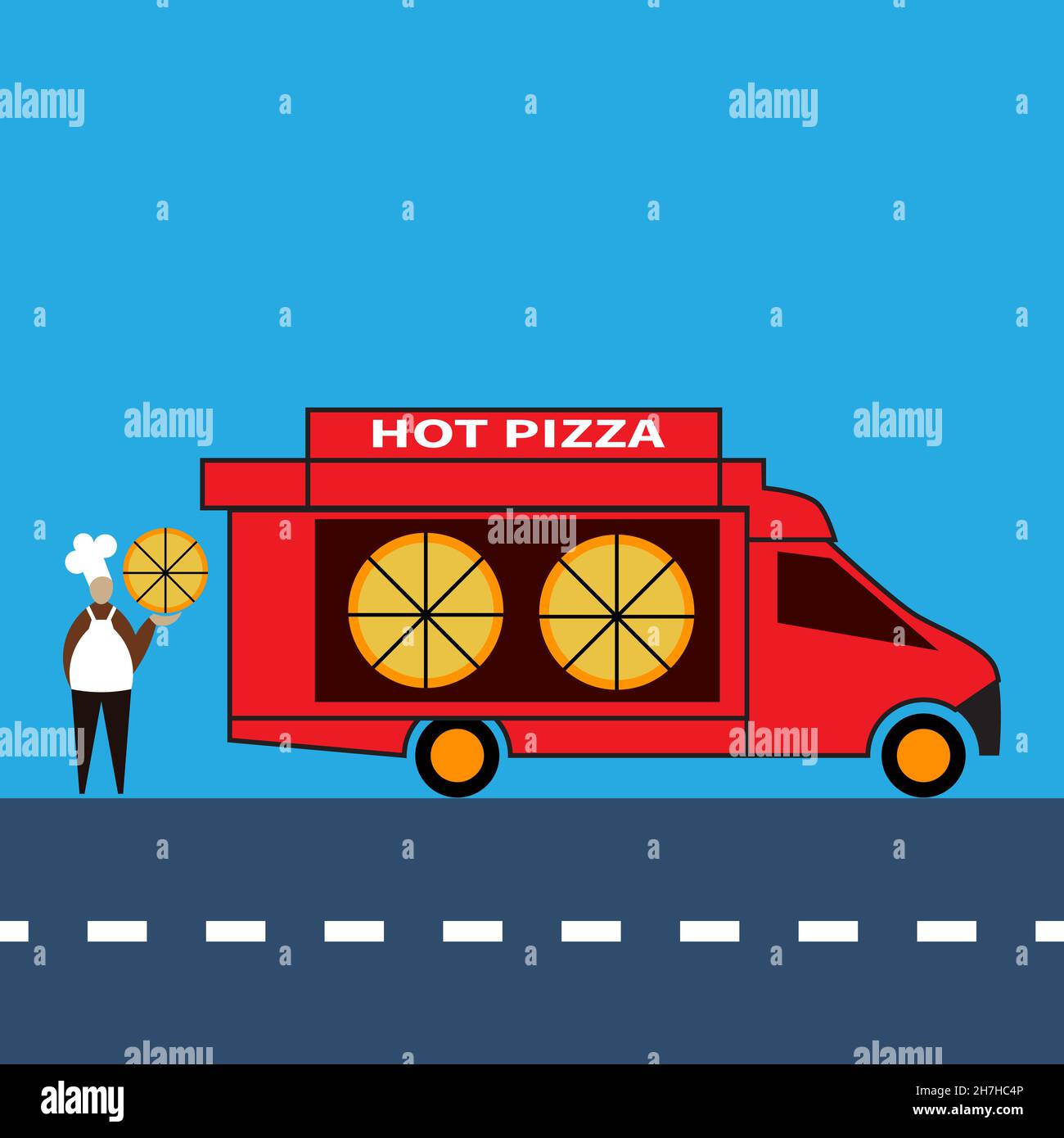 Food Delivery Auto fährt entlang der Autobahn. Lieferwagen. Fertige Pizzas im Autofenster. Sonnenschutz über dem Fenster. Text auf dem Auto - heiße Pizza. Chefkoch Stan Stock Vektor