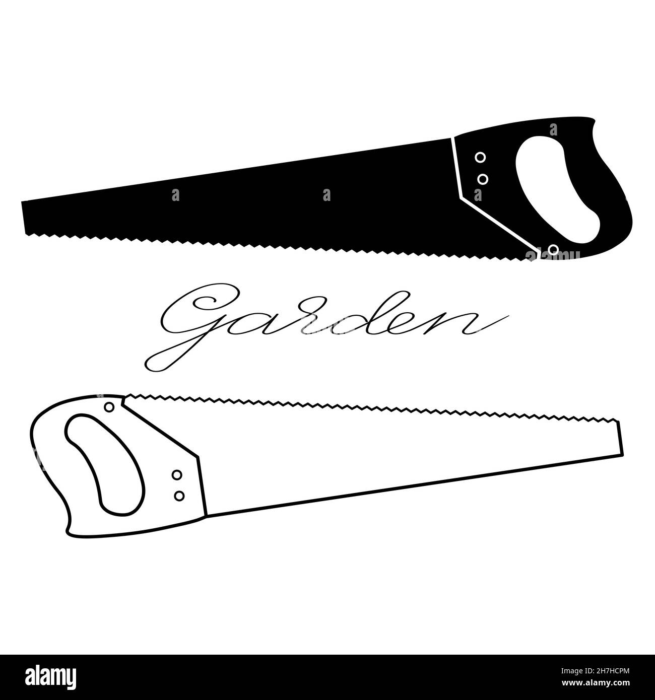 Gartengeräte Satz von zwei Astsägen Logo umreißen einfache minimalistische flache Design Symbol Vektor-Illustration isoliert auf weißem Hintergrund Stock Vektor