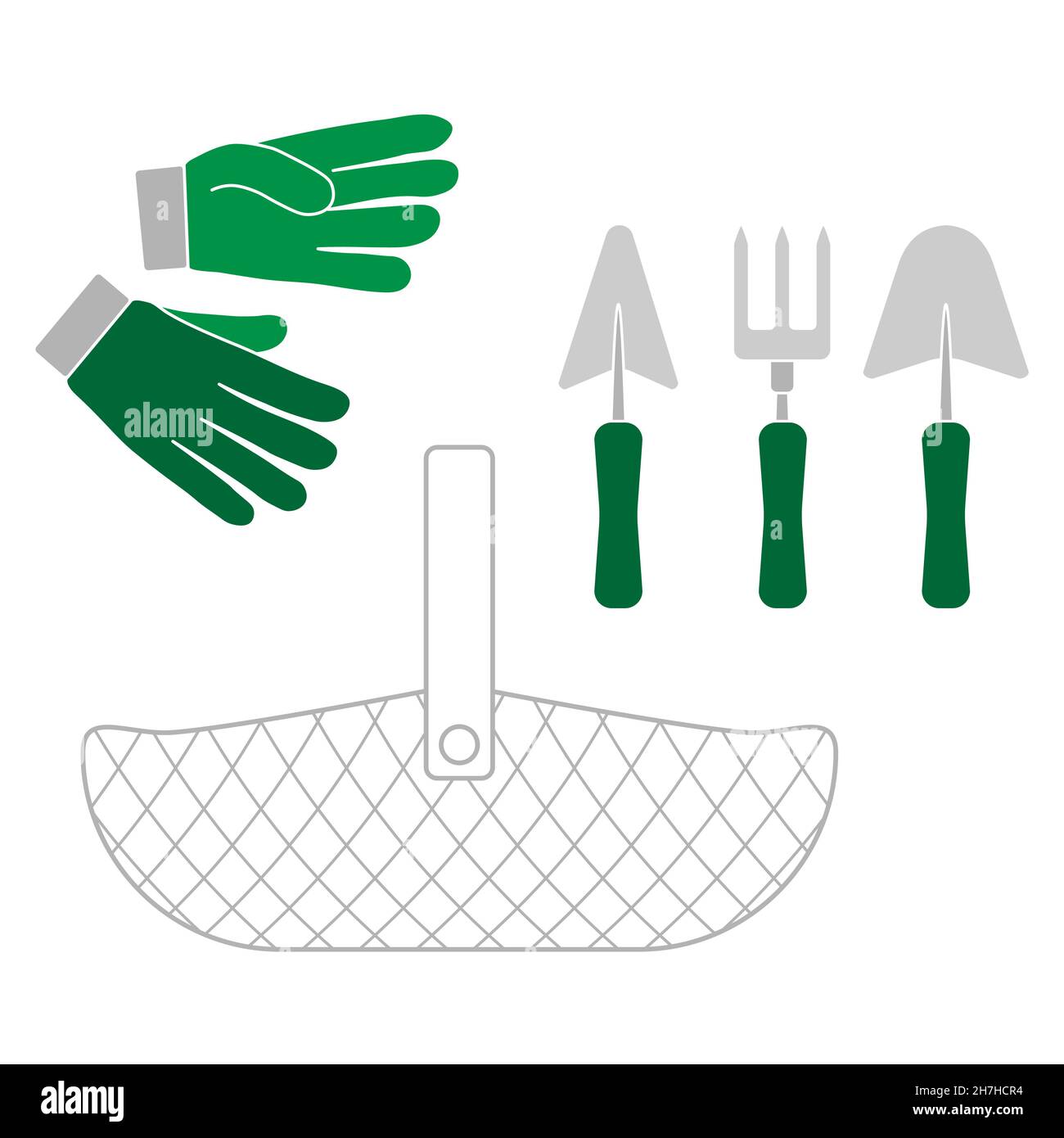 Gartengeräte Satz von Geräten mit Handschuhen, Kellen, Handgabel und Korb skizzieren einfache minimalistische flache Design Symbol Vektor Illustration isoliert o Stock Vektor
