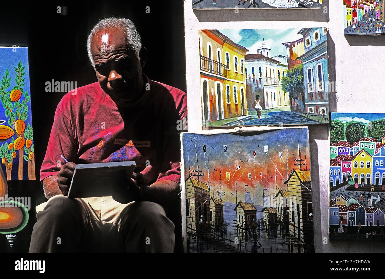 BRASILIEN, BAHIA-STAAT, SALVADOR DE BAHIA, HISTORISCHES VIERTEL PELOURINHOUS, WELTKULTURERBE DER UNESCO, STRASSENMALER NAIVEN KUNSTSTILS Stockfoto