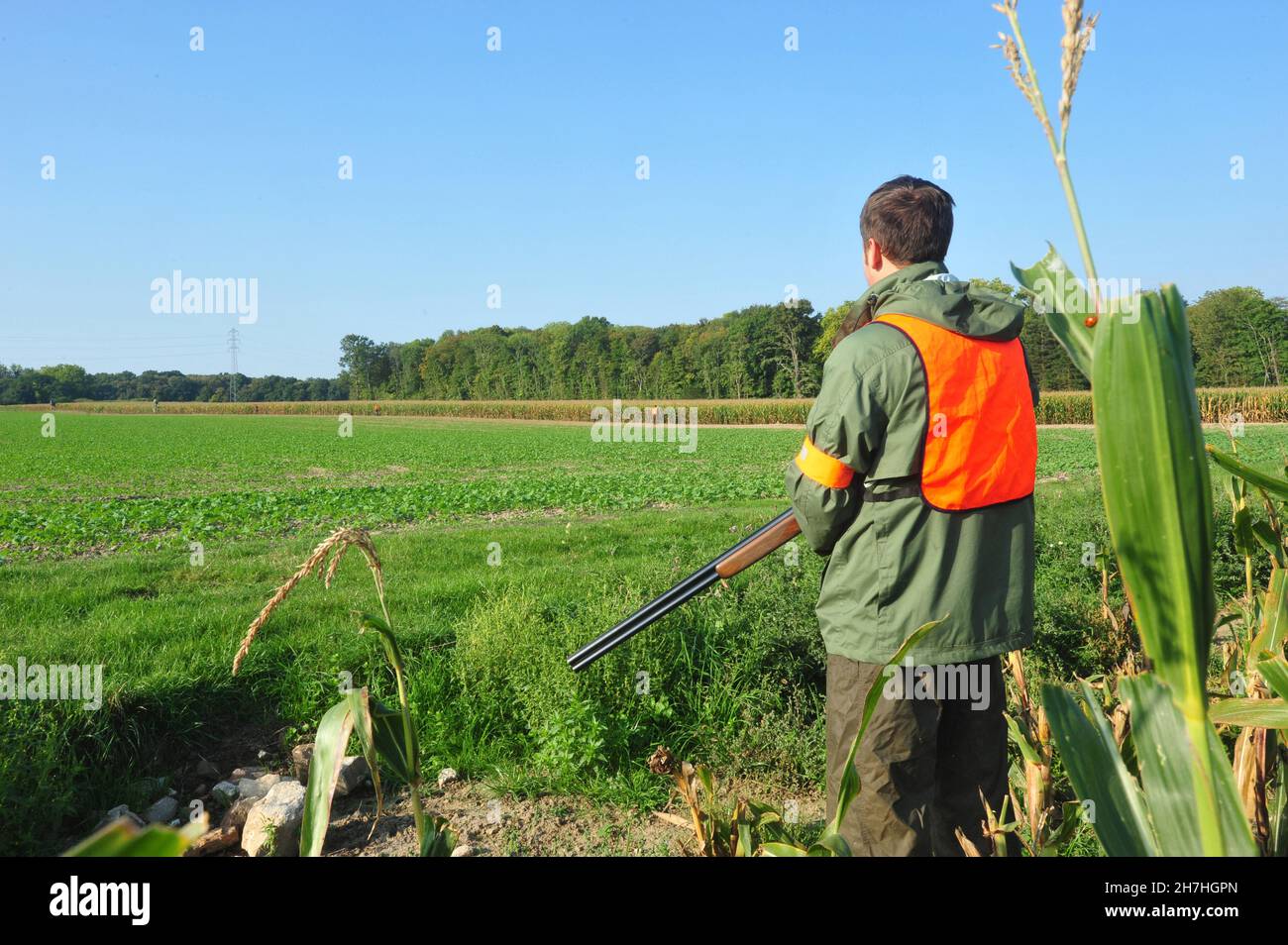 FRANKREICH. HUNTER WÄHREND EINER KLEINEN JAGD AUF OFFENEM FELD. Stockfoto