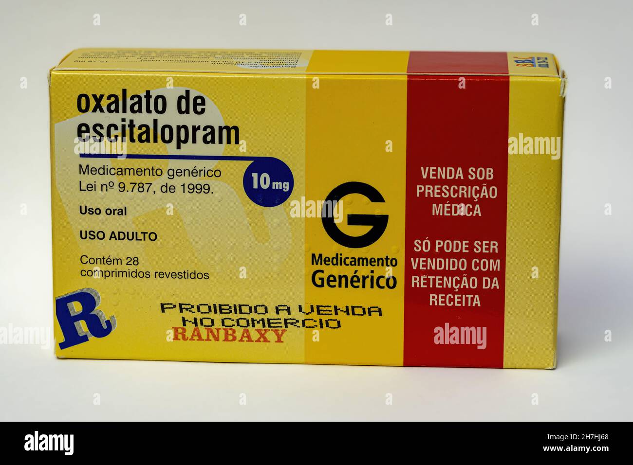 Cassilandia, Mato Grosso do Sul, Brasilien - 11 20 2021: Box mit Escitalopram Oxalat in portugiesischer brasilianischer psychiatrischer Medizin Stockfoto
