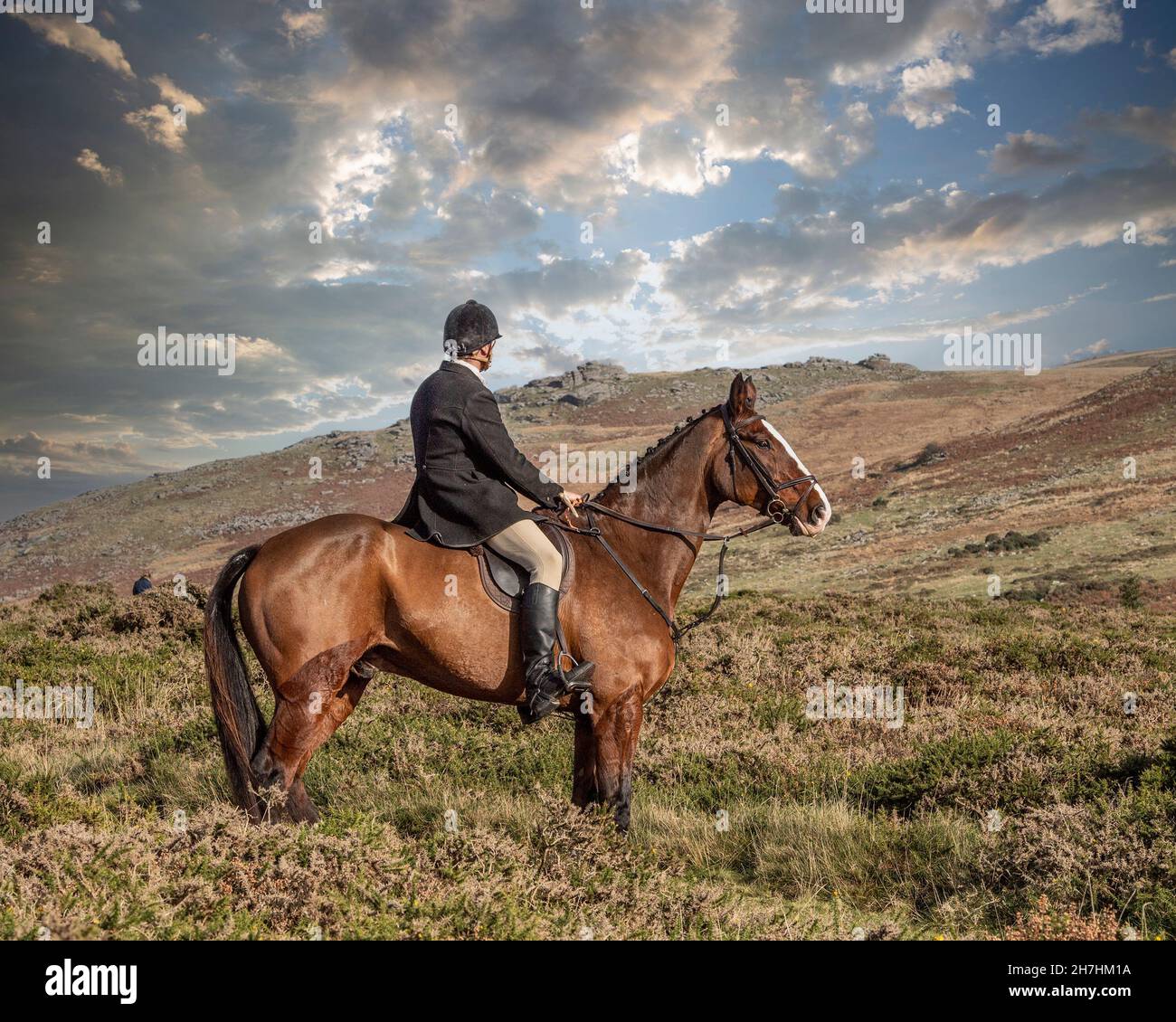 jäger auf einem Pferd, Dartmoor Stockfoto