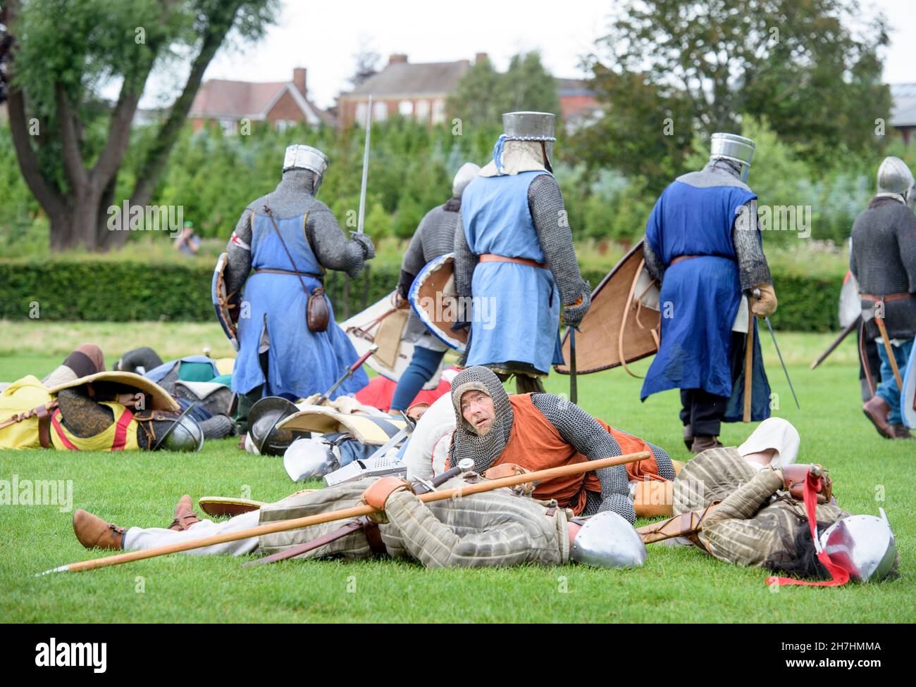 Rekonstruktion der Schlacht von Evesham 1265 auf der Kronwiese. Stockfoto