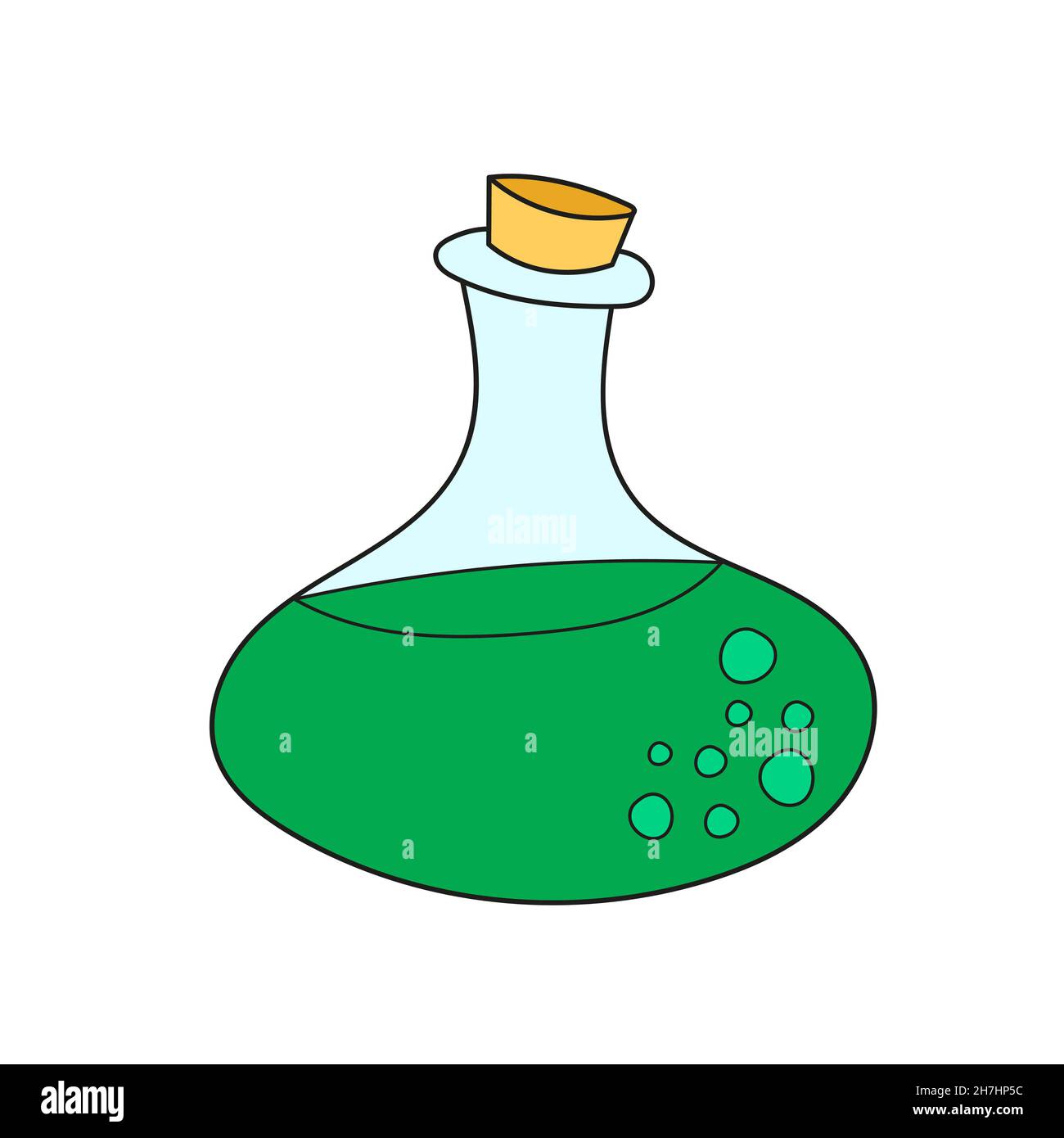 Einfaches Cartoon-Symbol. Glasflasche mit grünem Gift. Vektor handgezeichnete Illustration auf weiß Stock Vektor