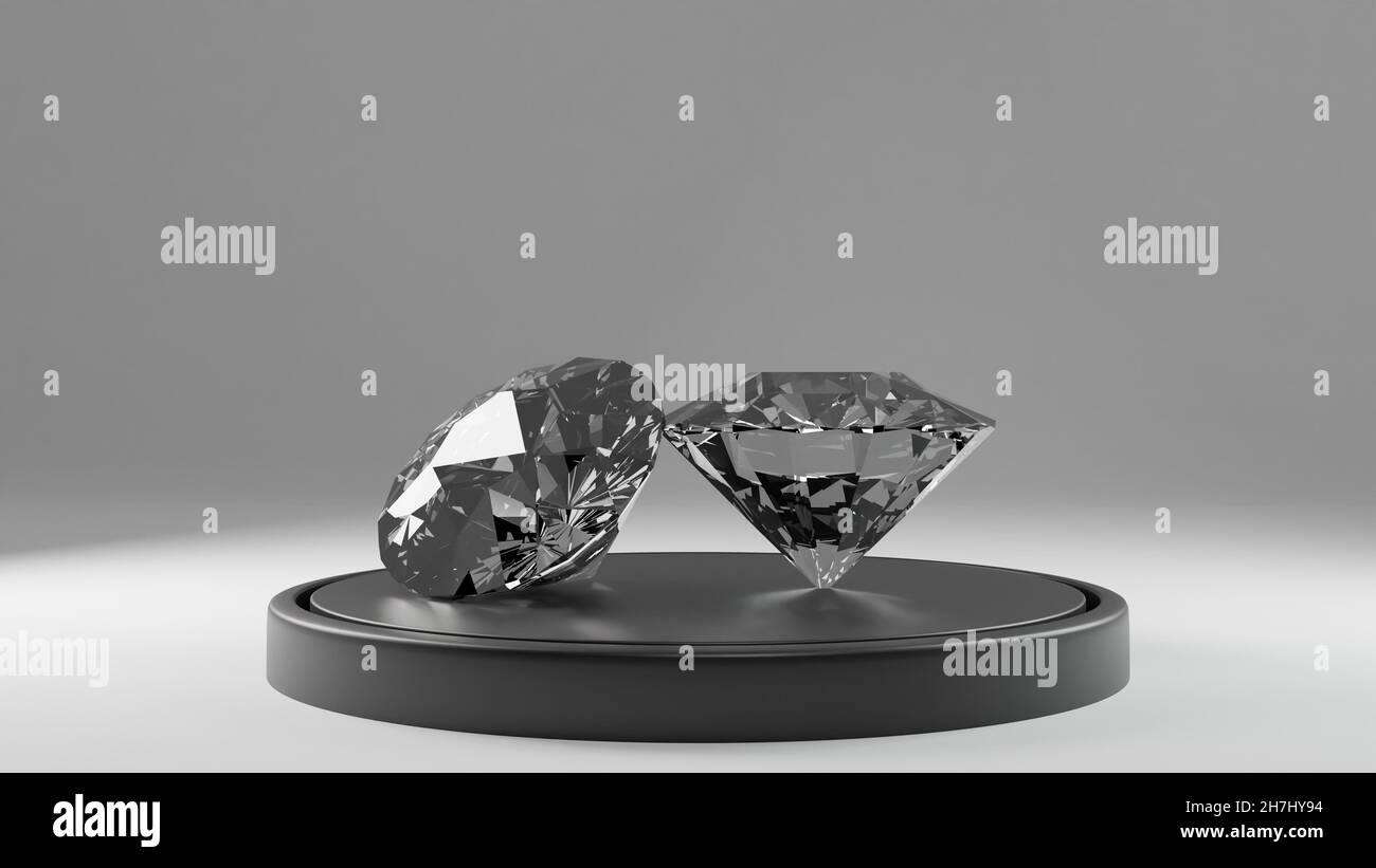 Diamanten in Komposition auf dunklem Podium. 3D Rendern Stockfoto