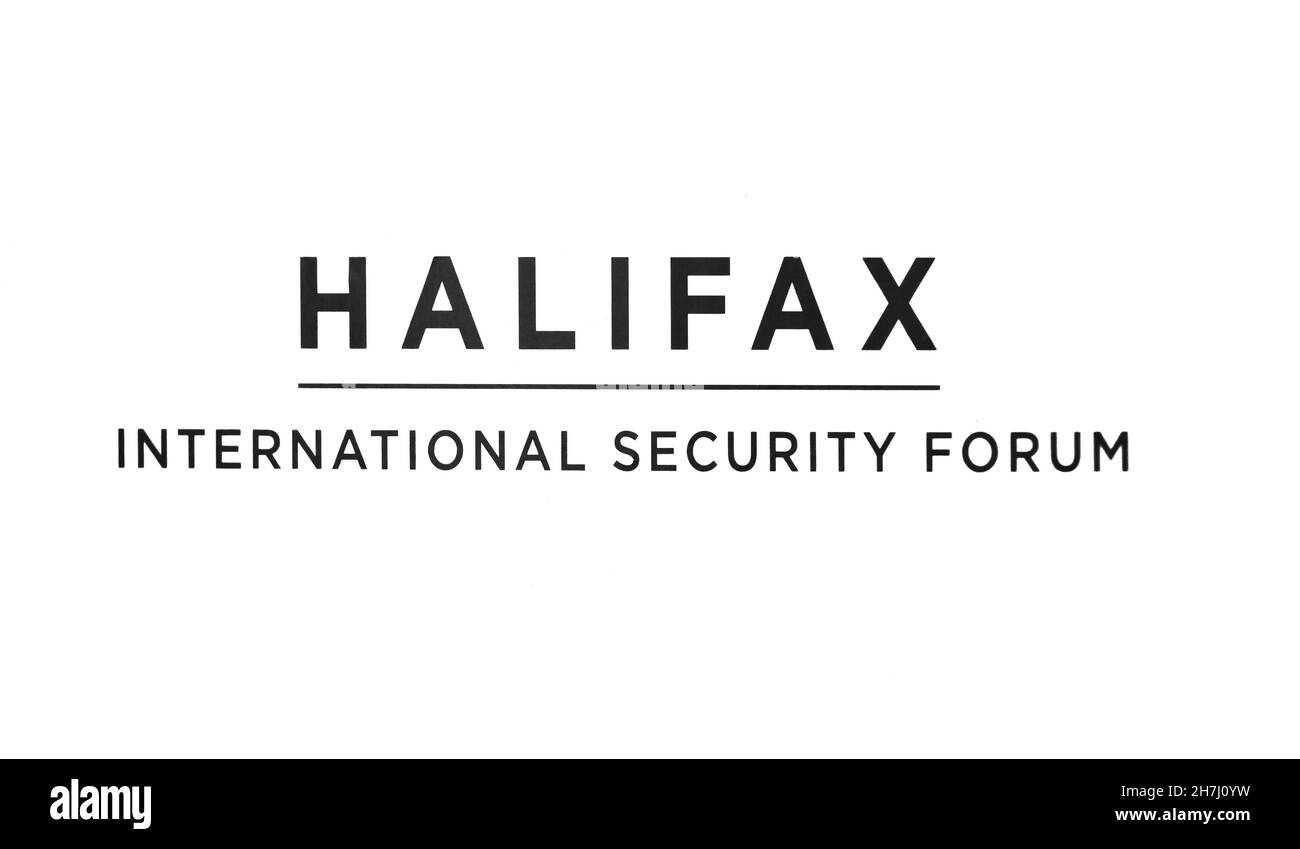 Halifax, Kanada - 19. November 2021: Emblem und Logo des internationalen Sicherheitsforums Halifax (HFX), das sich der Stärkung der strategischen Zusammenarbeit zwischen demokratischen Nationen widmet Stockfoto