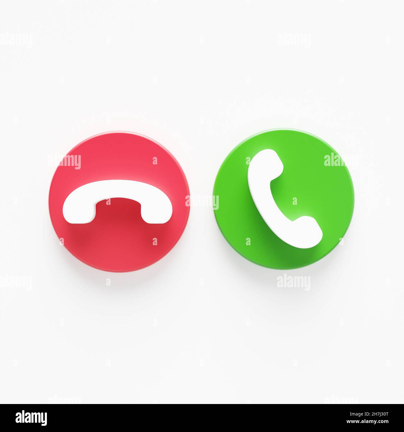 Symbol für die Tasten zum Annehmen und Ablehnen von Telefonanrufen in 3D, das auf weißem Hintergrund isoliert dargestellt wird Stockfoto