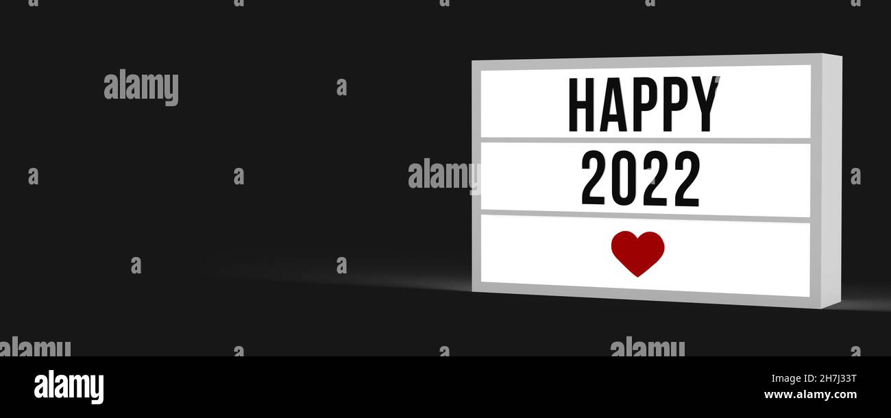 3D gerendertes Leuchtfeld mit GLÜCKLICHER 2022-Textnachricht und einem roten Herzsymbol auf schwarzem Hintergrund mit Kopierfläche. Schöne Neujahrsfeier Note. Stockfoto