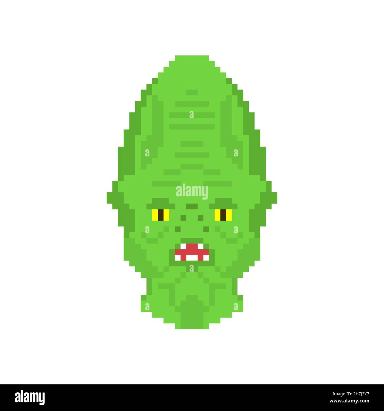 Reptilianische Gesicht Pixel Art. 8 Bit Alien Land Invaders. Pixelige reptilianische Verschwörungstheorie. Reptiloide humanoide Wesen von einem anderen Planeten mit grünen s Stock Vektor