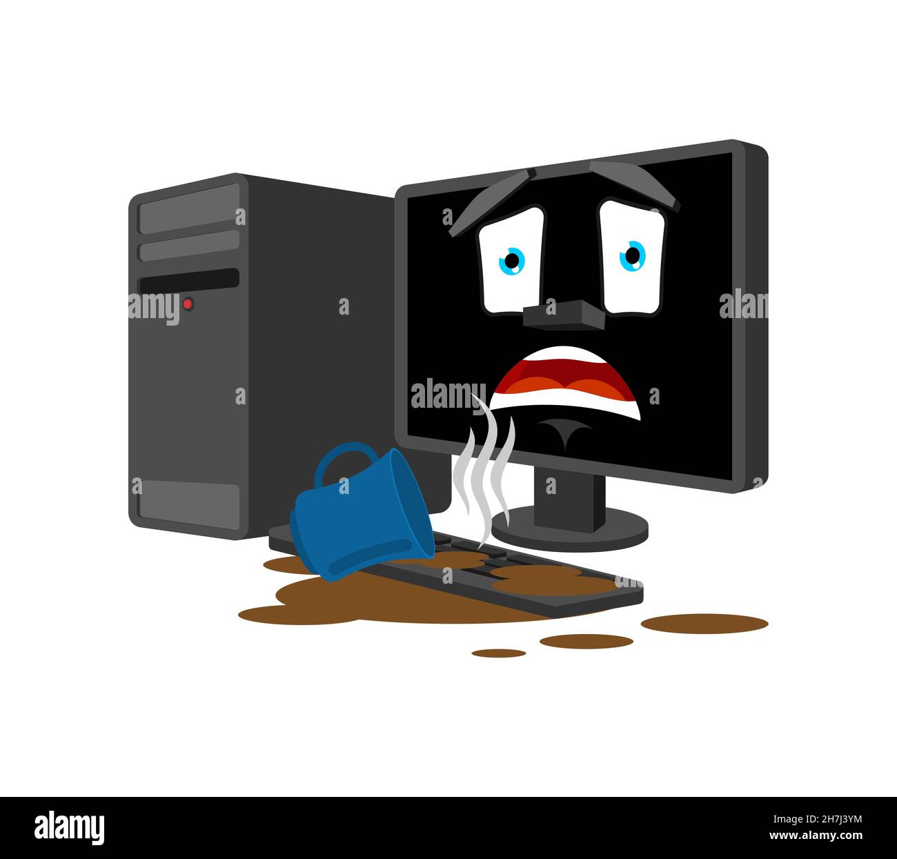 Tasse Kaffee verschüttet Computer. Verschütteter Tee auf der Tastatur. Verdorbenes PC Stock Vektor