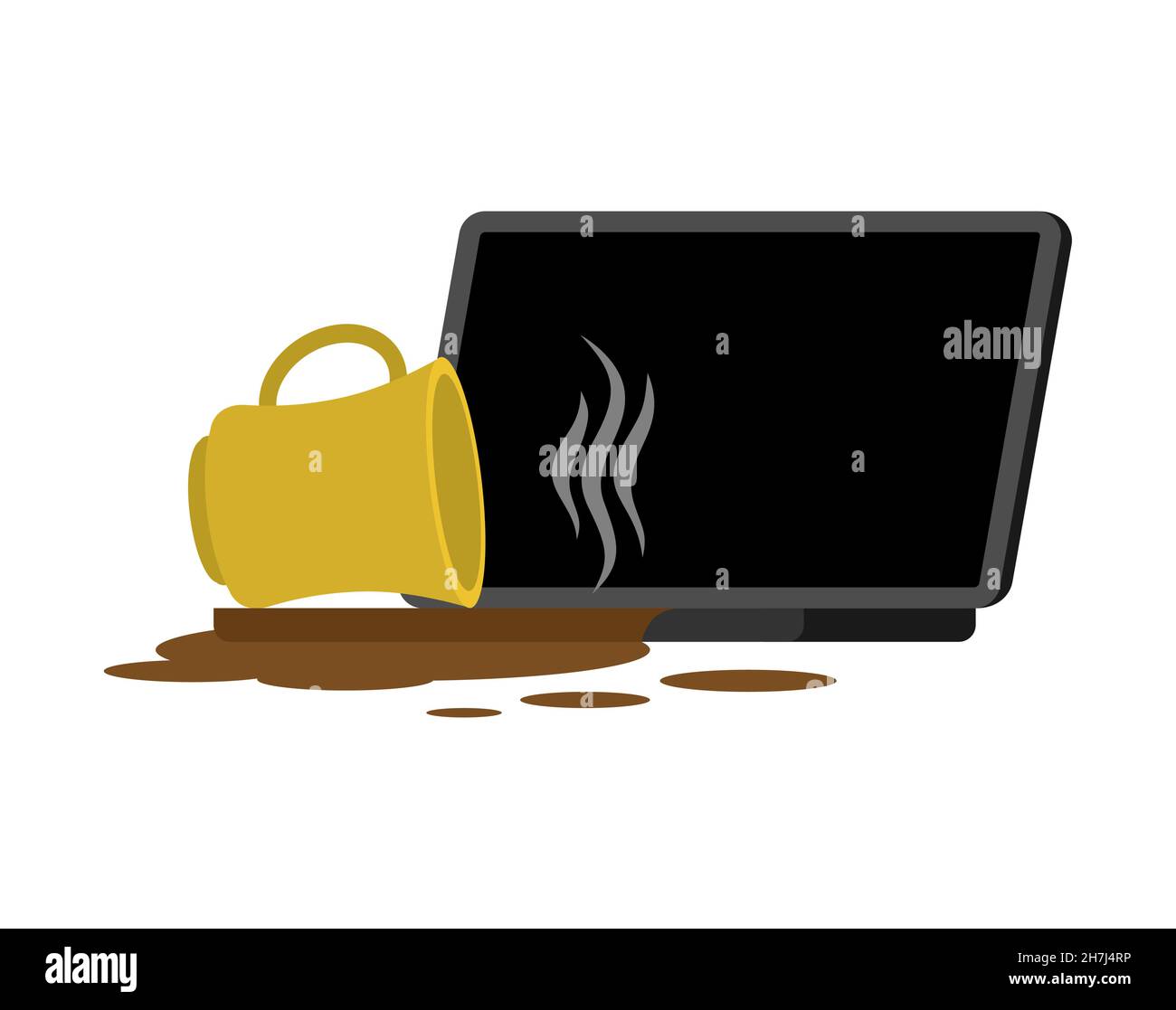 Tasse Kaffee verschüttet Laptop. Verschütteter Tee auf der Tastatur. Verdorbenes PC Stock Vektor