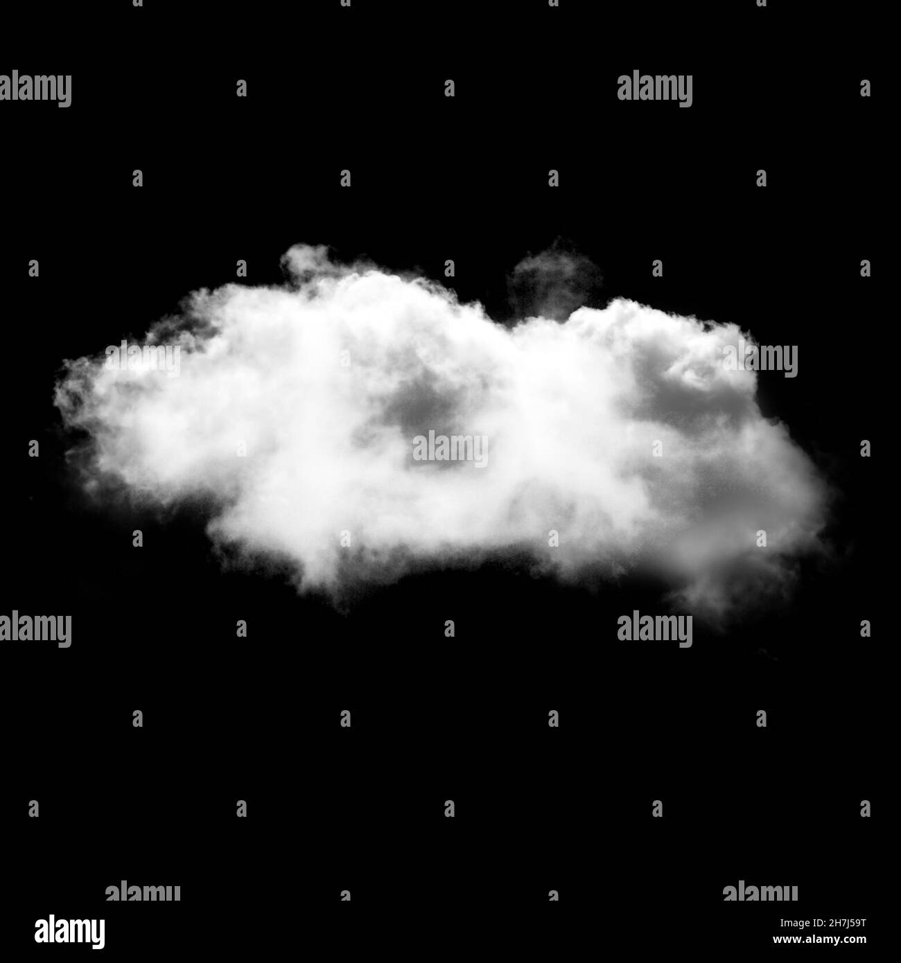 Einzelne weiße flauschige Wolke isoliert über schwarzem soliden Hintergrund. Wetterprognose-Konzept Stockfoto