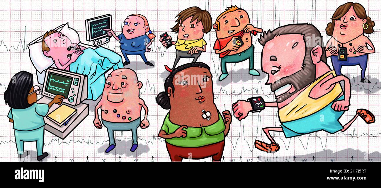 Concept Art Illustration Montage zeigt EKG-Elektrokardiogramm im Krankenhaus sowie tragbare digitale Herzmonitore/Smartphones, Kardiogramm-Apps. Stockfoto