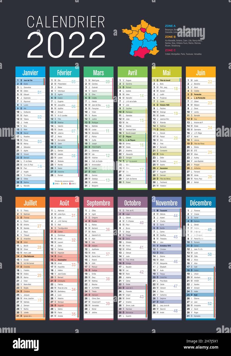 Jahr 2022 farbenfroher Kalender, in französischer Sprache, auf dunkelgrauem Hintergrund. Vektorvorlage Stock Vektor