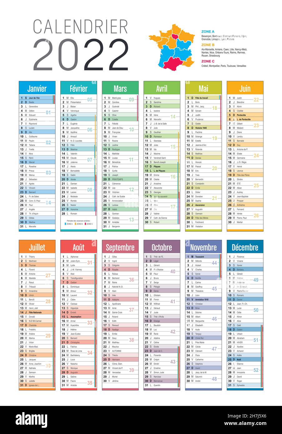Jahr 2022 farbenfroher Kalender, in französischer Sprache, auf weißem Hintergrund. Vektorvorlage Stock Vektor