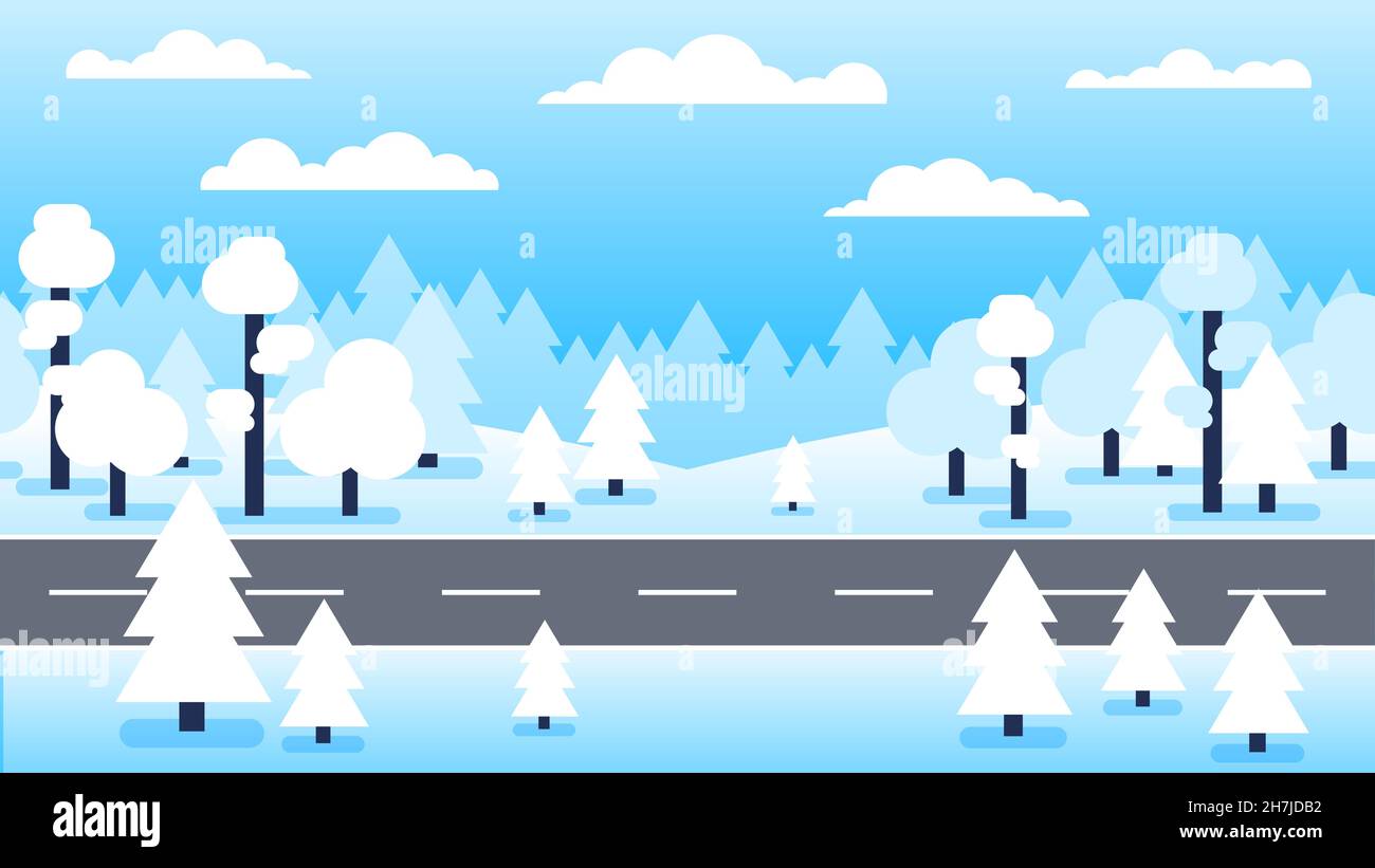 Winterwald verschneite Landschaft mit Straße Stock Vektor