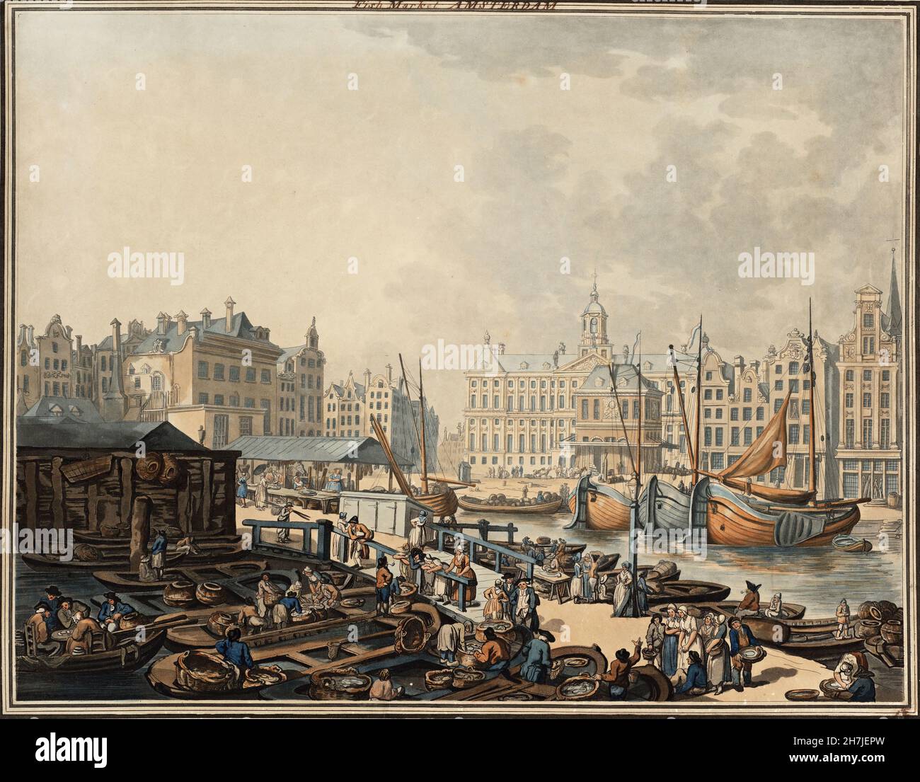 Ackermann, R., Rowlandson, Thomas, Wright und Schutz - Feyge-Staudamm mit einem Teil des Fischmarktes in Amsterdam (1797) Stockfoto