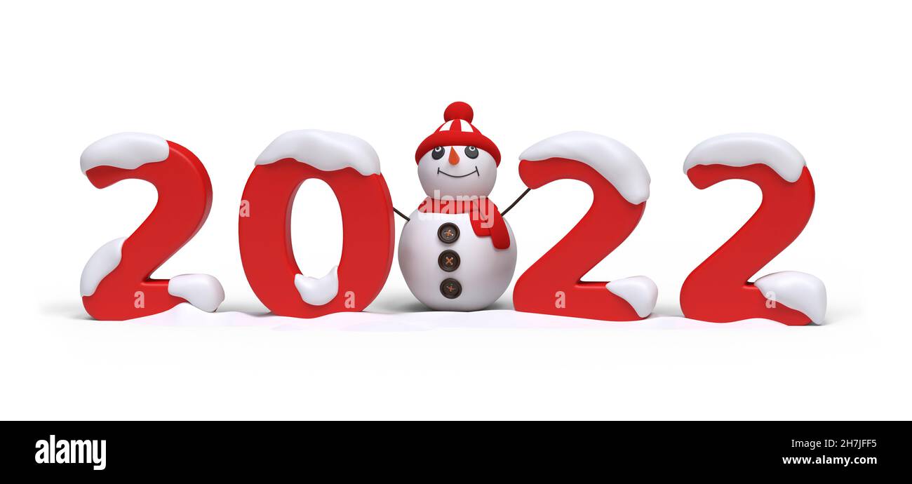 2022 Neujahrsdesign mit niedlichem Schneemann. Beschneidungspfad. 3D Bild Stockfoto