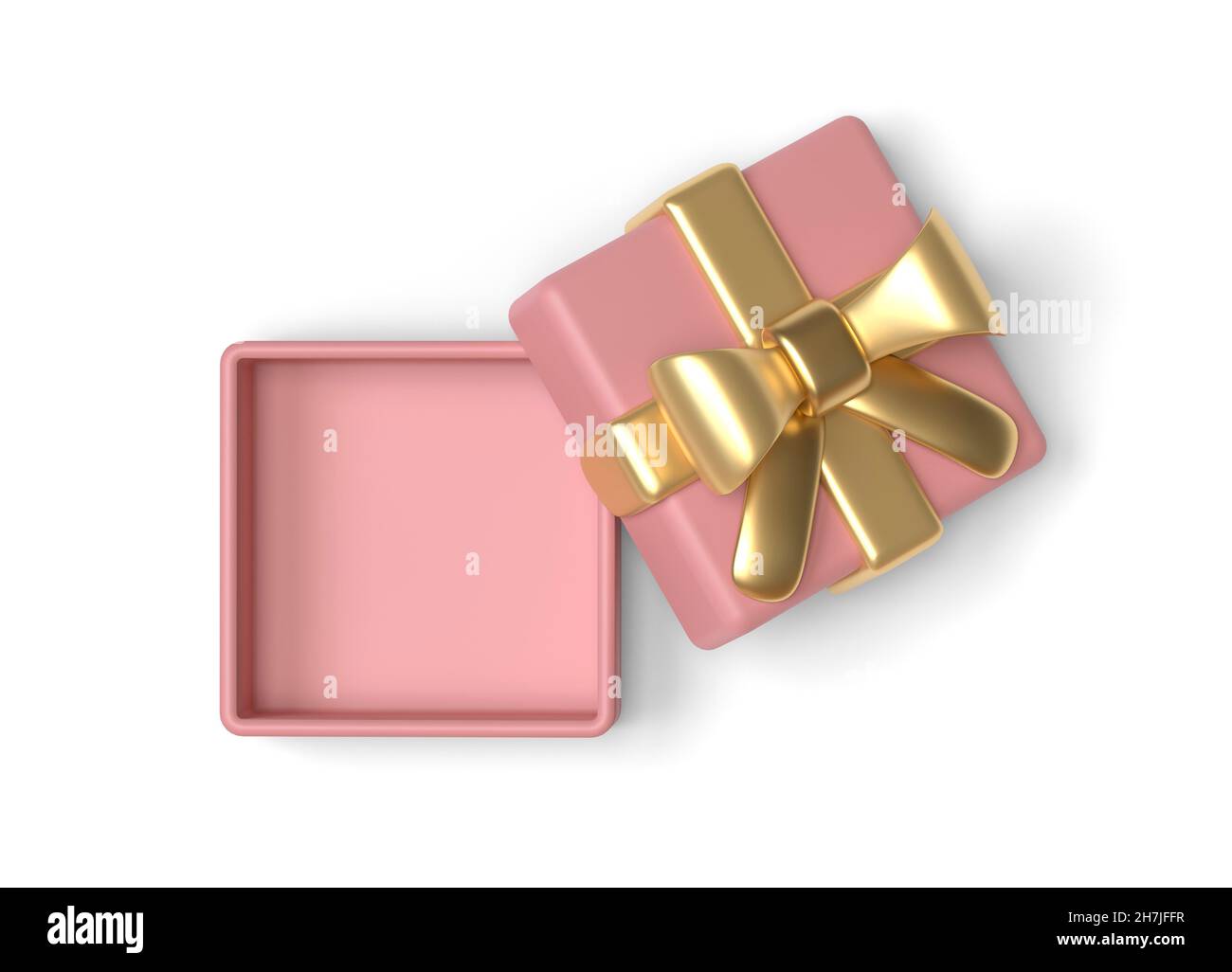 Leere Geschenkbox auf weißem Hintergrund. Beschneidungspfad. Draufsicht. 3D Bild Stockfoto