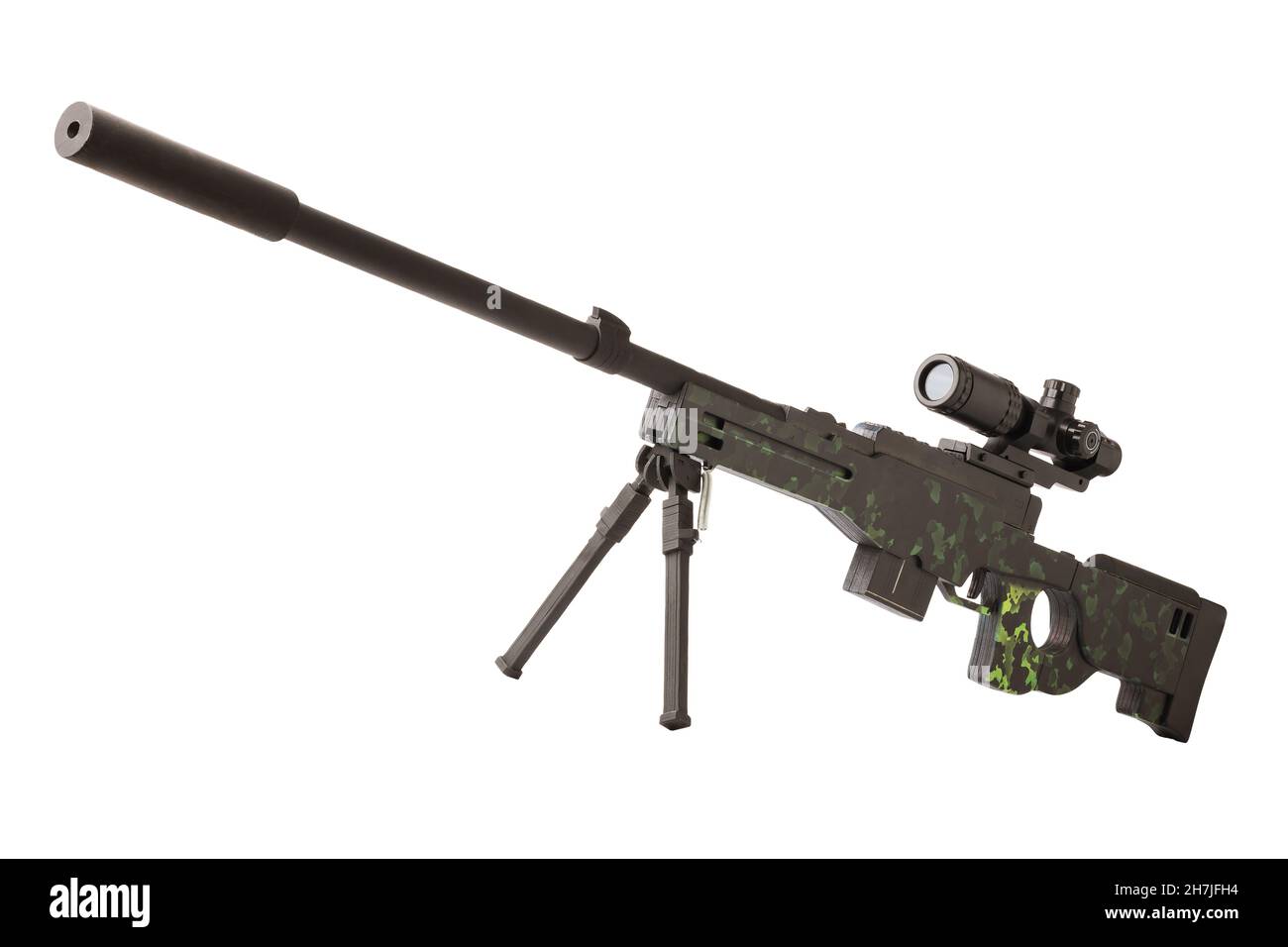 Holzspielzeug-Scharfschützengewehr mit Teleskop-Sicht isoliert auf weißem Hintergrund Stockfoto