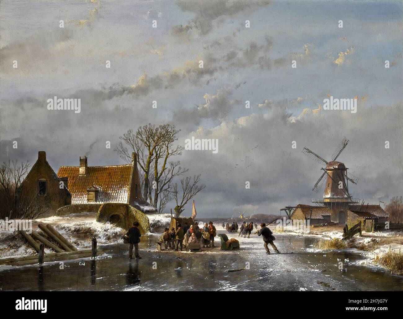 Andreas Schelfhout (1787-1870) - Winterlandschaft mit Skater und einem Koek-en-zopie Stockfoto