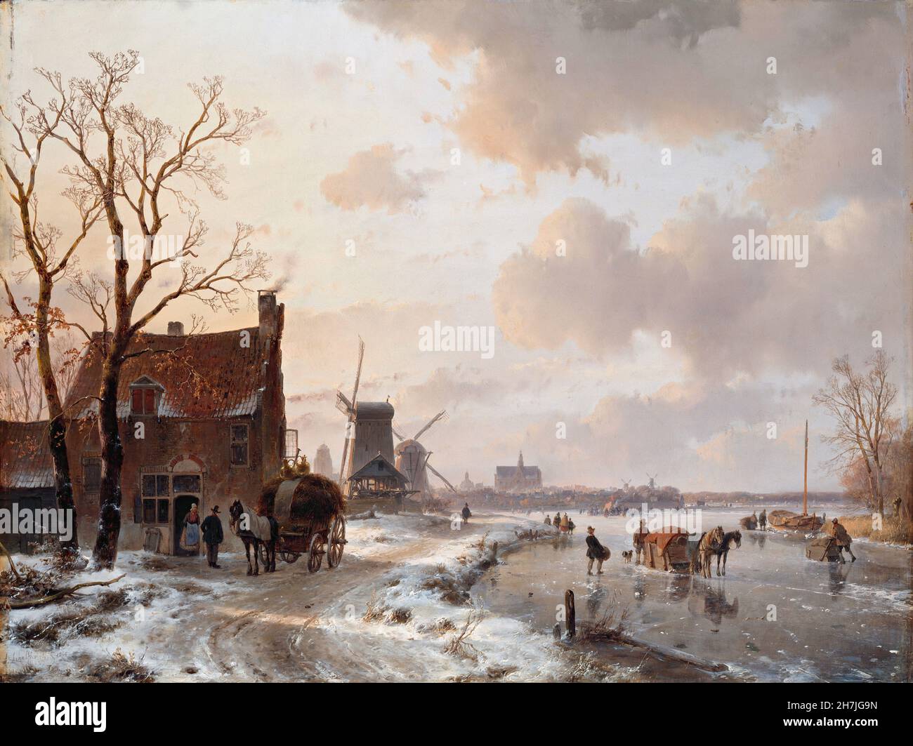 Andreas Schelfhout - Winterlandschaft mit Pferden auf dem Eis (1844) Stockfoto