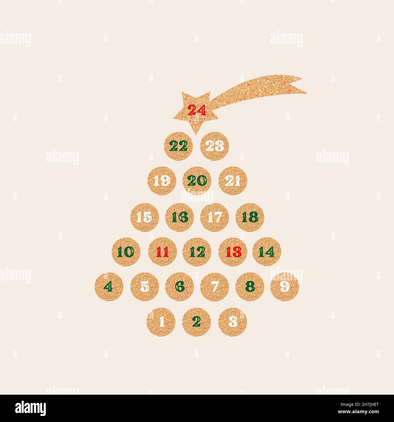 Dezember festlichen Adventskalender Weihnachtsbaum Form.Weihnachts-Poster Countdown druckbare Tags nummeriert Poster mit Weihnachtsschmuck rot grün und weiß Stockfoto