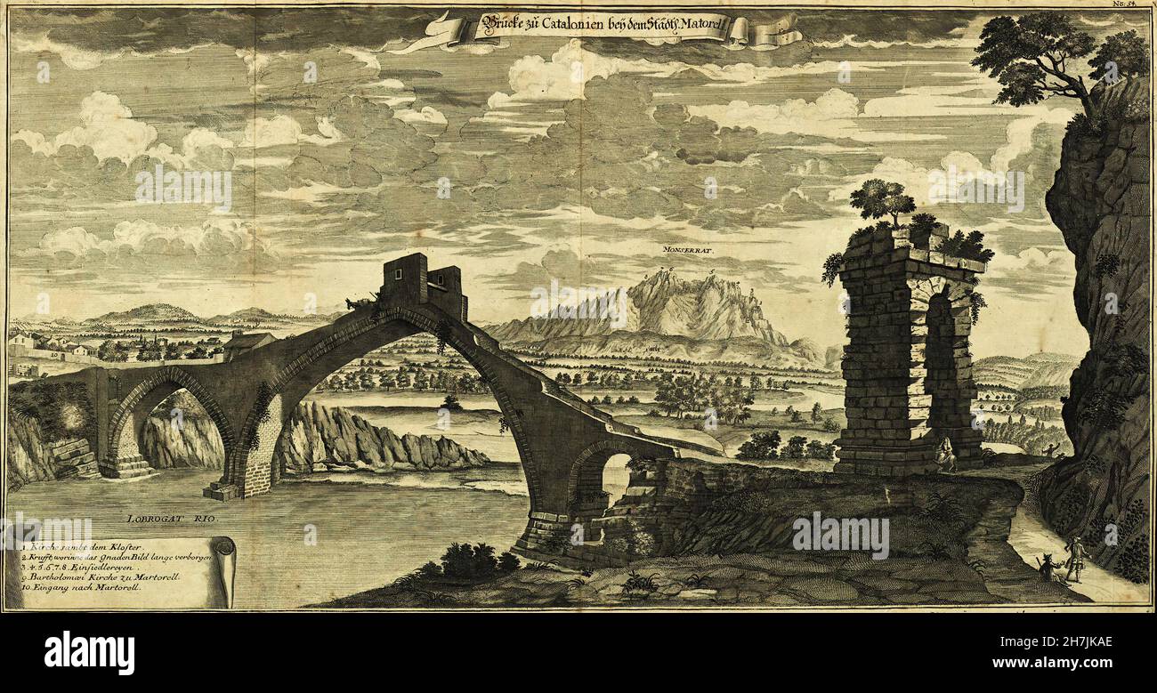 Carl Christian Schramm (fl. 1726-1735) – Vista del Pont del Diable de Martorell, amb la muntanya de Montserrat al fons (1735) Stockfoto