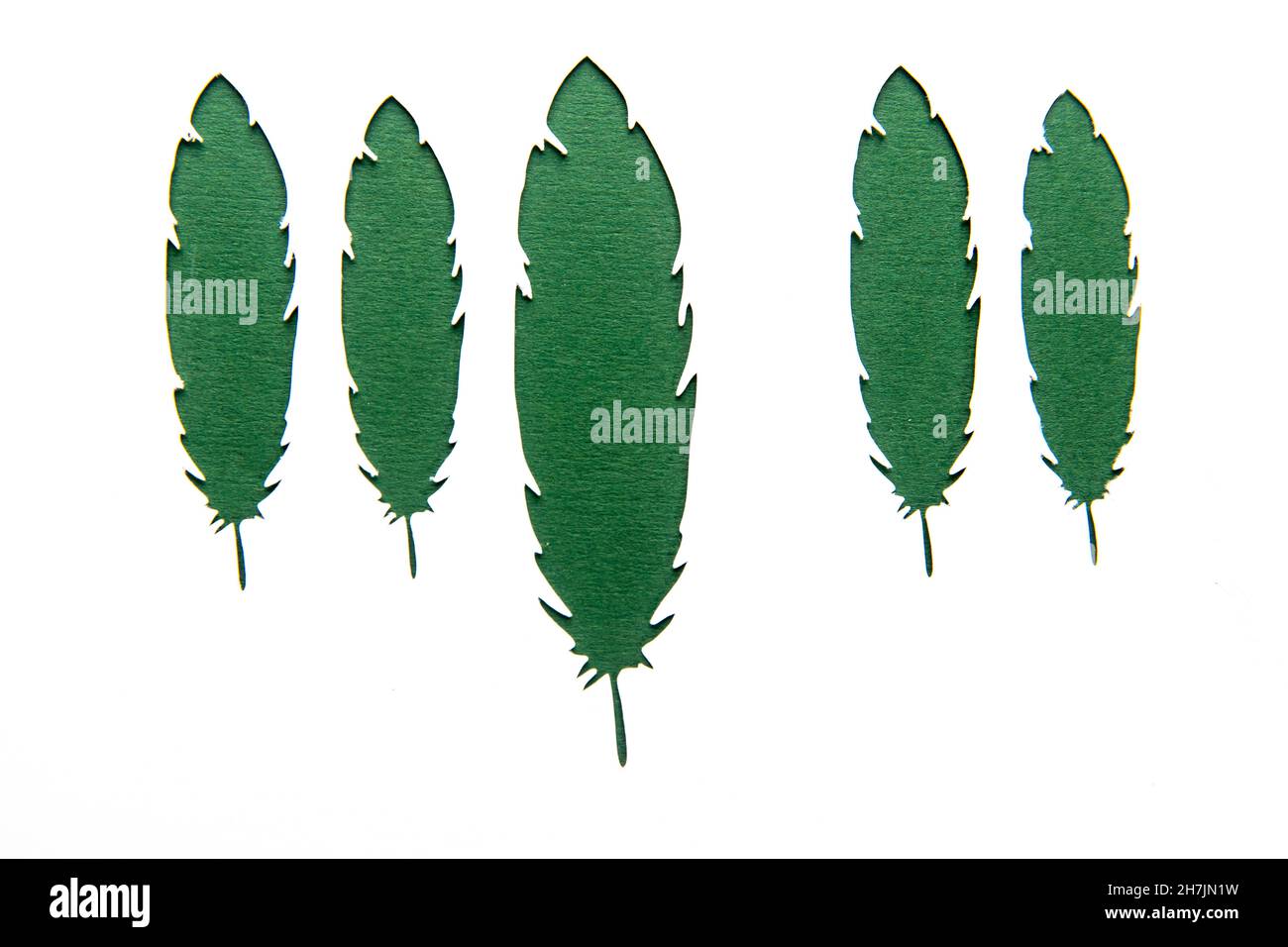 Weiße Schablone mit geschnittenen Blättern auf grünem Bastelpapier. Stockfoto