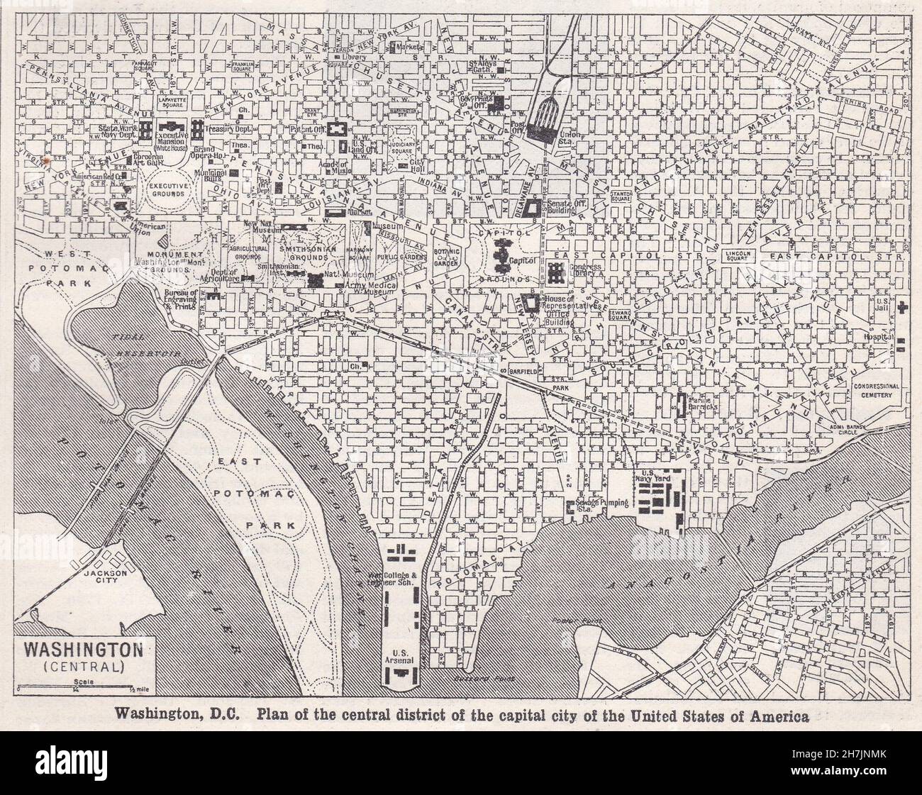 Vintage-Karte von Washington, D. C. zeigt Plan des zentralen Bezirks der Hauptstadt der Vereinigten Staaten von Amerika 1930s. Stockfoto