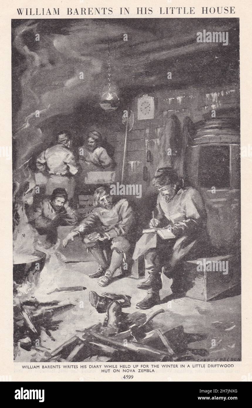 William Barents schreibt sein Tagebuch, während er für den Winter in einer kleinen Treibholzhütte auf Nova Zembla gehalten wird. Stockfoto