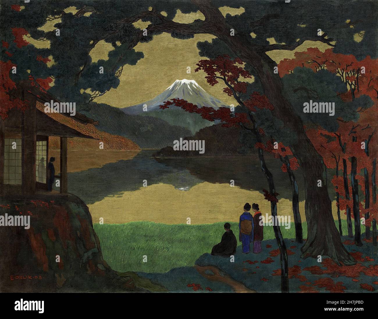Emil Orlik - Landschaft mit dem Fuji in der Ferne (1908) Stockfoto