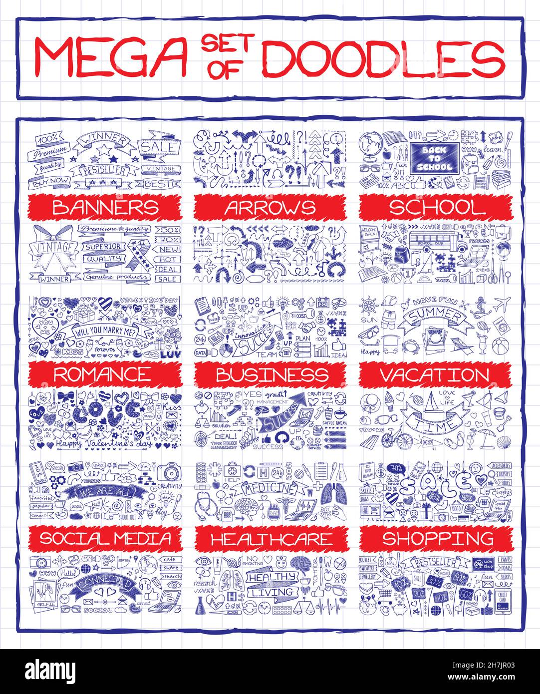 Mega-Set von Doodle-Symbolen Stock Vektor