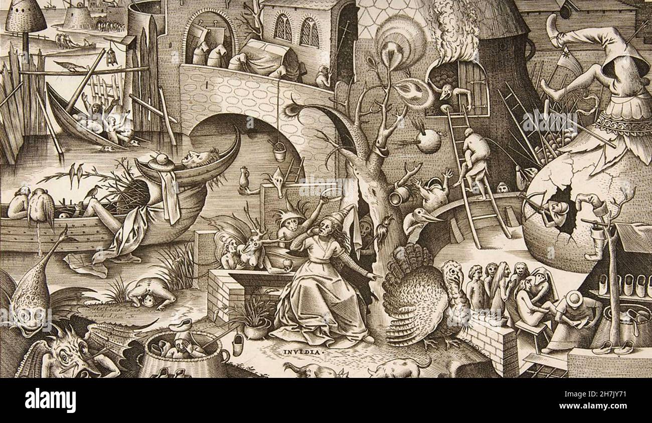 PIETER van der HEYDEN (c 1530-1572) Flämischer Kupferstecher ENVY nach einem Gemälde von Pieter Bruegel dem Älteren Stockfoto