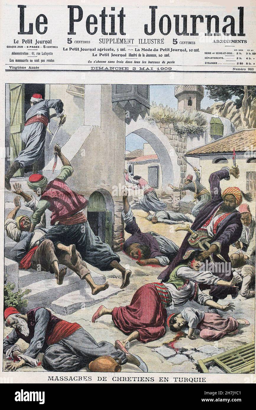 MASSAKER VON ADANA, Turney, April 1909. Eine französische Zeitschrift, die das Massaker an armenischen Christen im damaligen Osmanischen Reich schilderung. Etwa 25.000 Menschen wurden getötet. Stockfoto